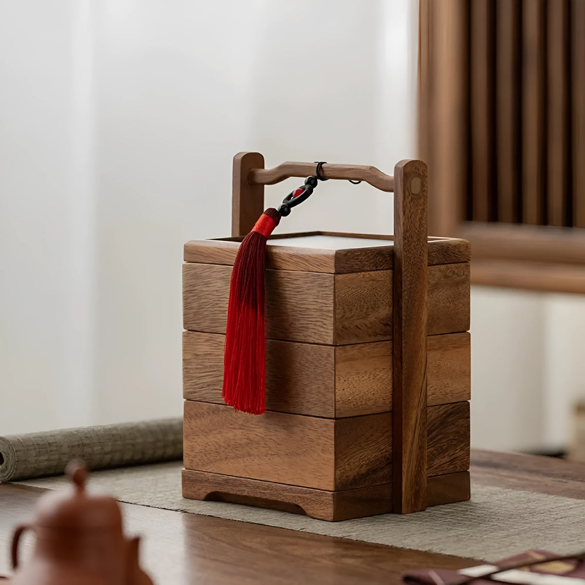 Solid wood snack candy trial tray in burlywood with New Chinese style, shown with multiple grid options including covered and uncovered versions.
