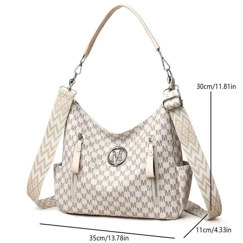 Retro simple printed shoulder messenger bag in PU material with double straps and sandwich pocket design