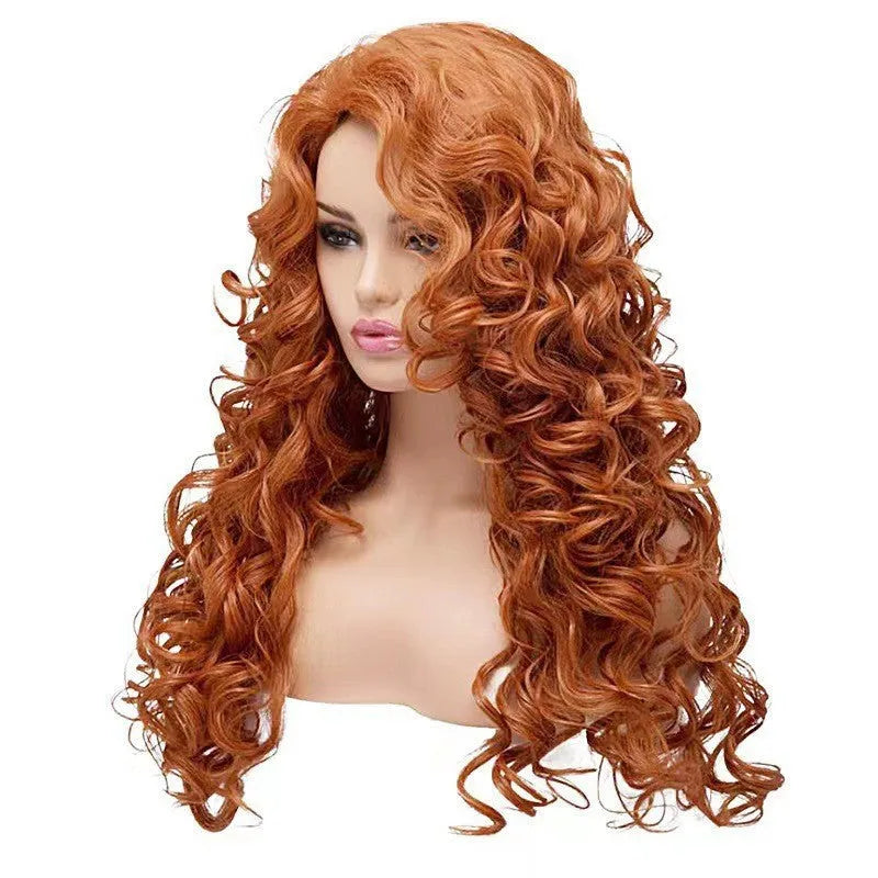 Long wavy brown synthetic curly wig on a mannequin head, with wig cap included.