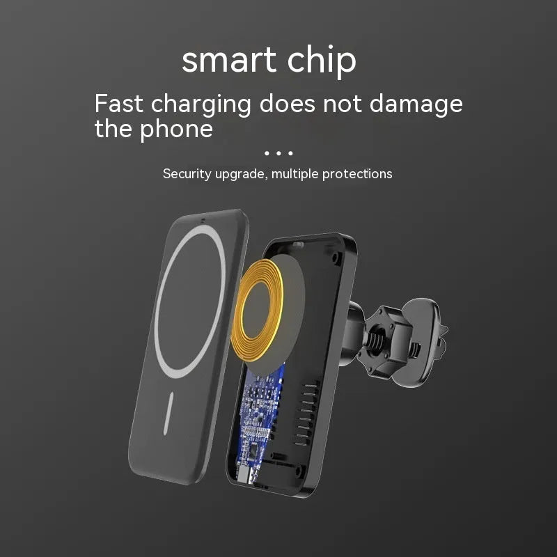 Black plastic car wireless charger, 15W, Type-C, for Apple 12 13 14, 9.4cm x 6.4cm x 2.6cm