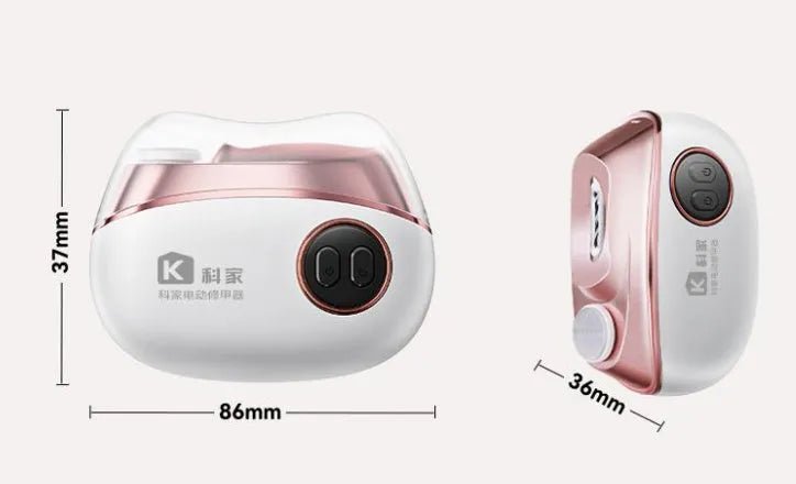 Blue automatic electric nail clipper and polisher tool with USB Type-C charging port and cleaning brush.