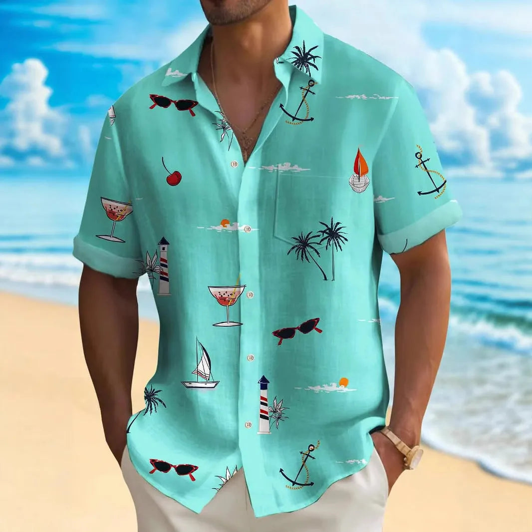 Men's loose fit short sleeve Hawaiian shirt with a colourful digital printed pattern.
