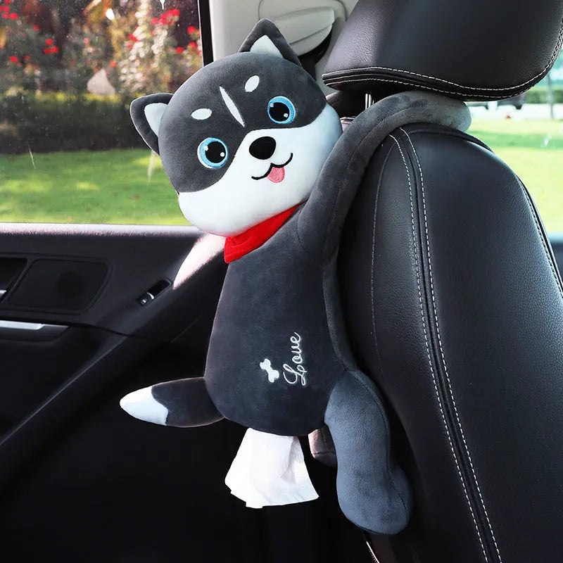 Soft plush car headrest tissue box holder in a cute animal character style.