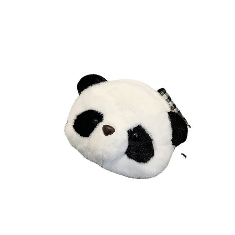 Soft plush panda head design crossbody bag in cylindrical shape on a white background.