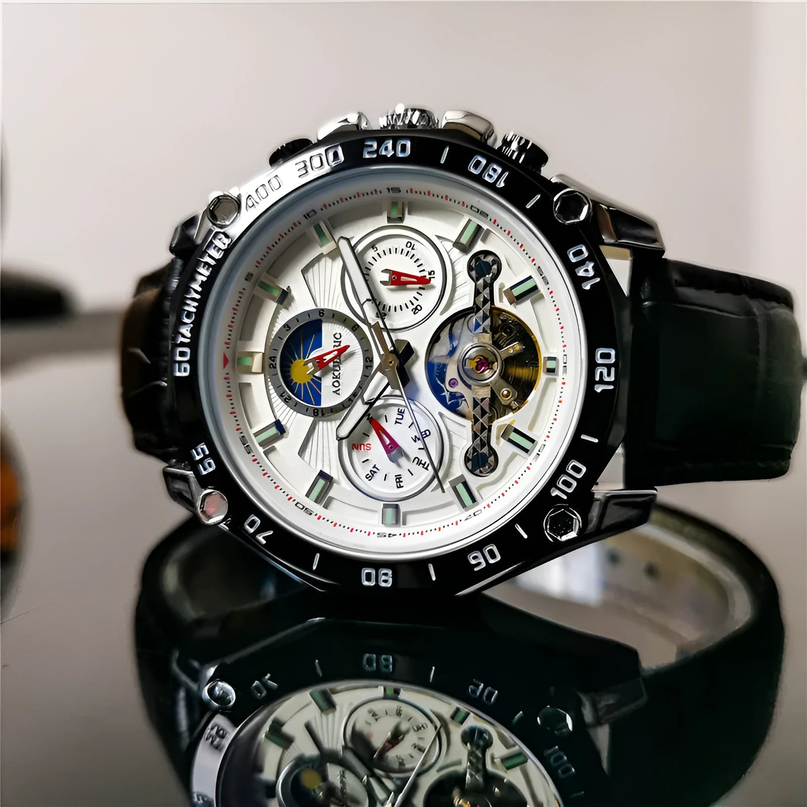 Men's automatic mechanical watch showing various colour options including black steel case and silver case with white dial.