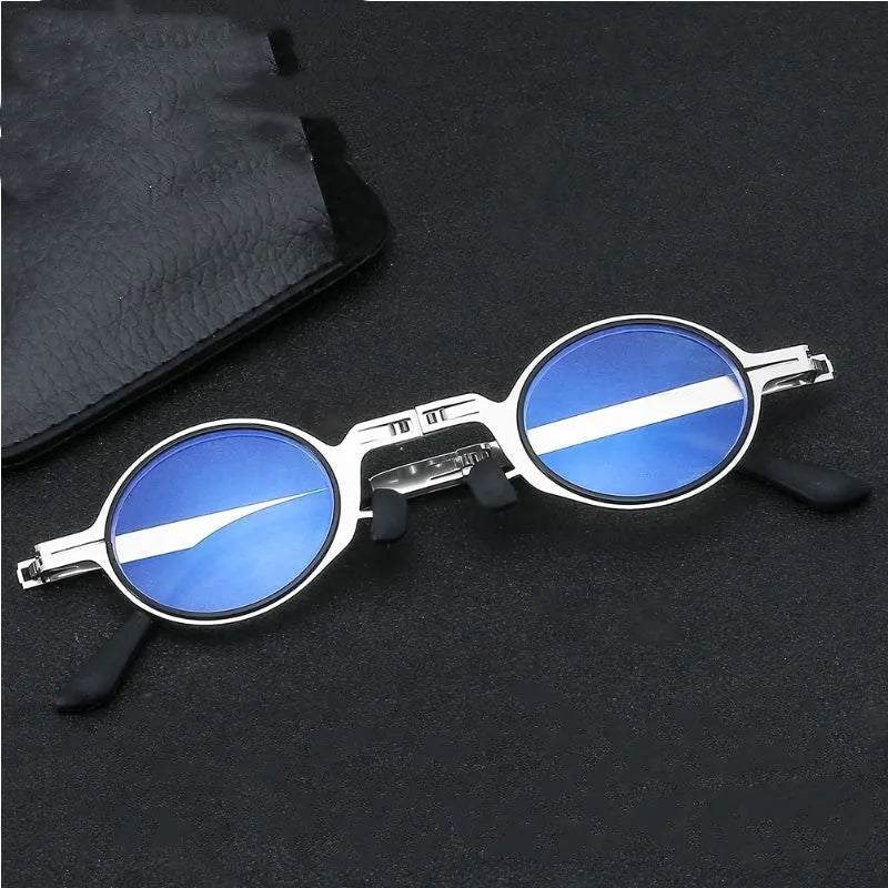 Folding portable reading glasses with metal full frame in black and silver colours for small faces
