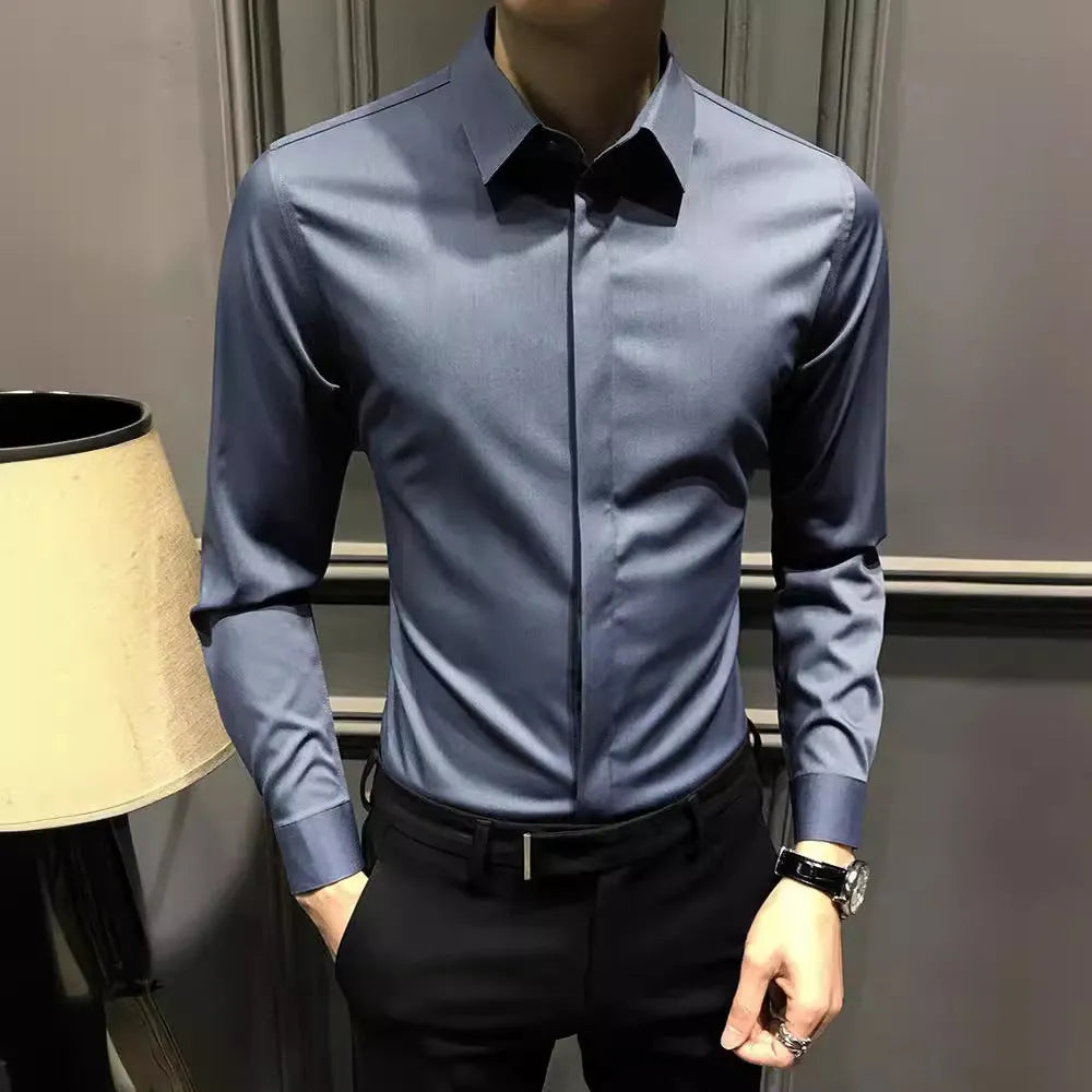 Men's long sleeve business shirt in solid white, black or dark grey, Korean-style cut, sizes M to 3XL
