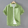 Men's casual short-sleeved linen shirt in regular cut available in seven colours including apricot, dark blue, and purple