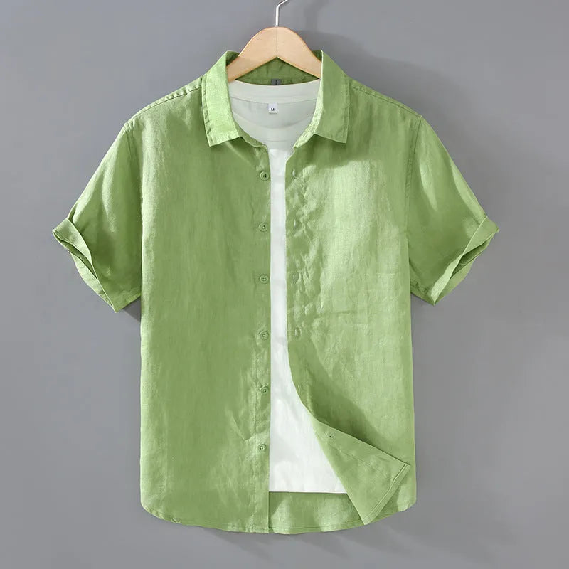 Men's casual short-sleeved linen shirt in regular cut available in seven colours including apricot, dark blue, and purple