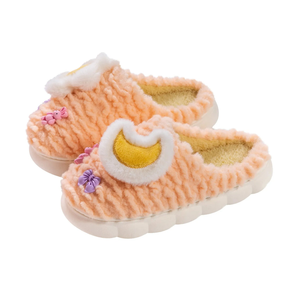 Women's light blue fleece-lined cotton slippers with cartoon animal pattern and toe holder design