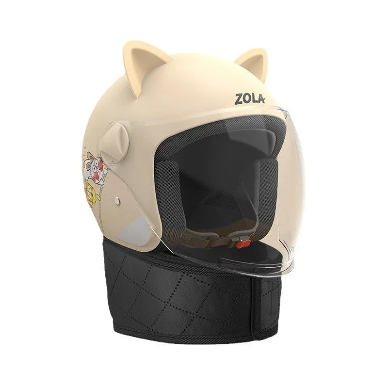 Matte finish winter cycling helmet with clear anti-fog visor and attached neck scarf, shown in blue colour.