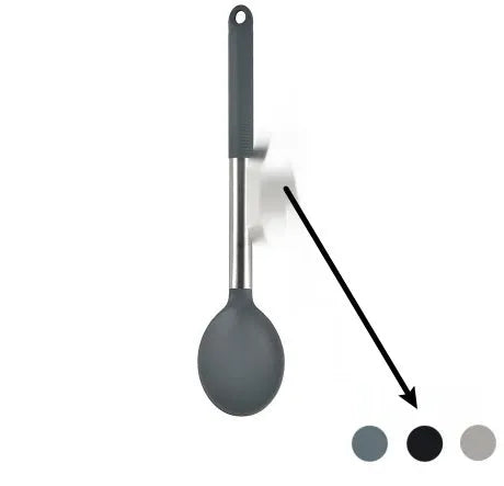 12-piece black silicone kitchen utensil set with tools stored in a rotating countertop storage bucket