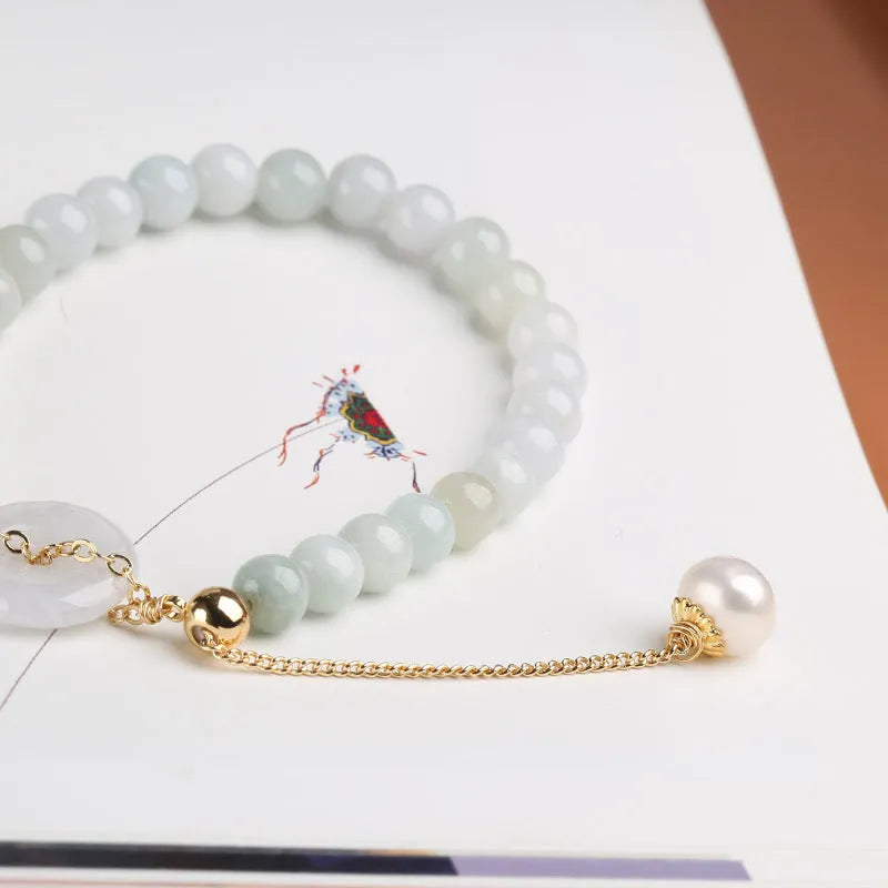 Natural emerald jade peace buckle bracelet with pearl accents and geometric pendant design