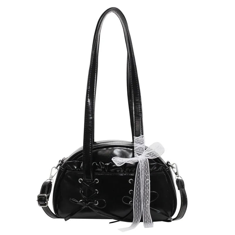 Women's PU leather shoulder handbag with removable bandage bow and phone compartment in milky white