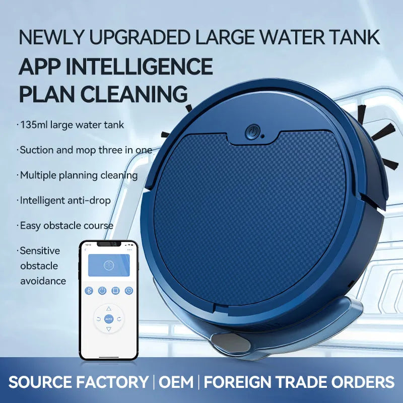 Intelligent sweeping robot with large water tank and 2000 Pa suction in black on hardwood floor