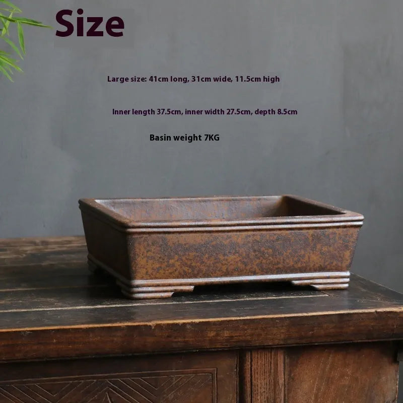 Rectangular purple sand bonsai pot with five-line pattern, shown with a pine tree, showcasing large and small size options.