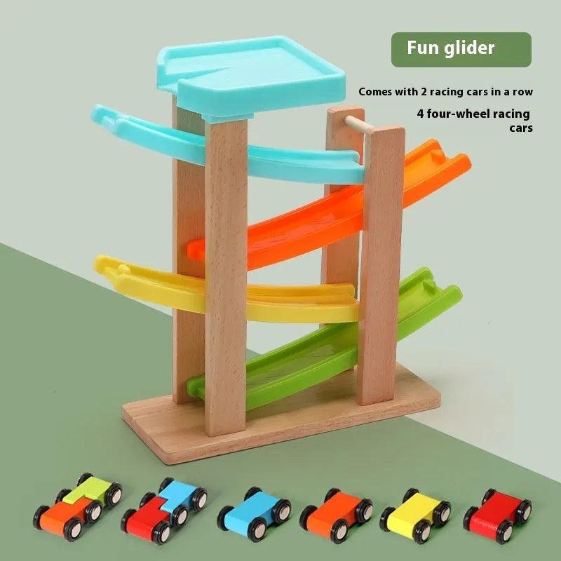 Children's wooden multi-layer inertial sliding car track toy in a colour slide variant for kids aged 4-6.
