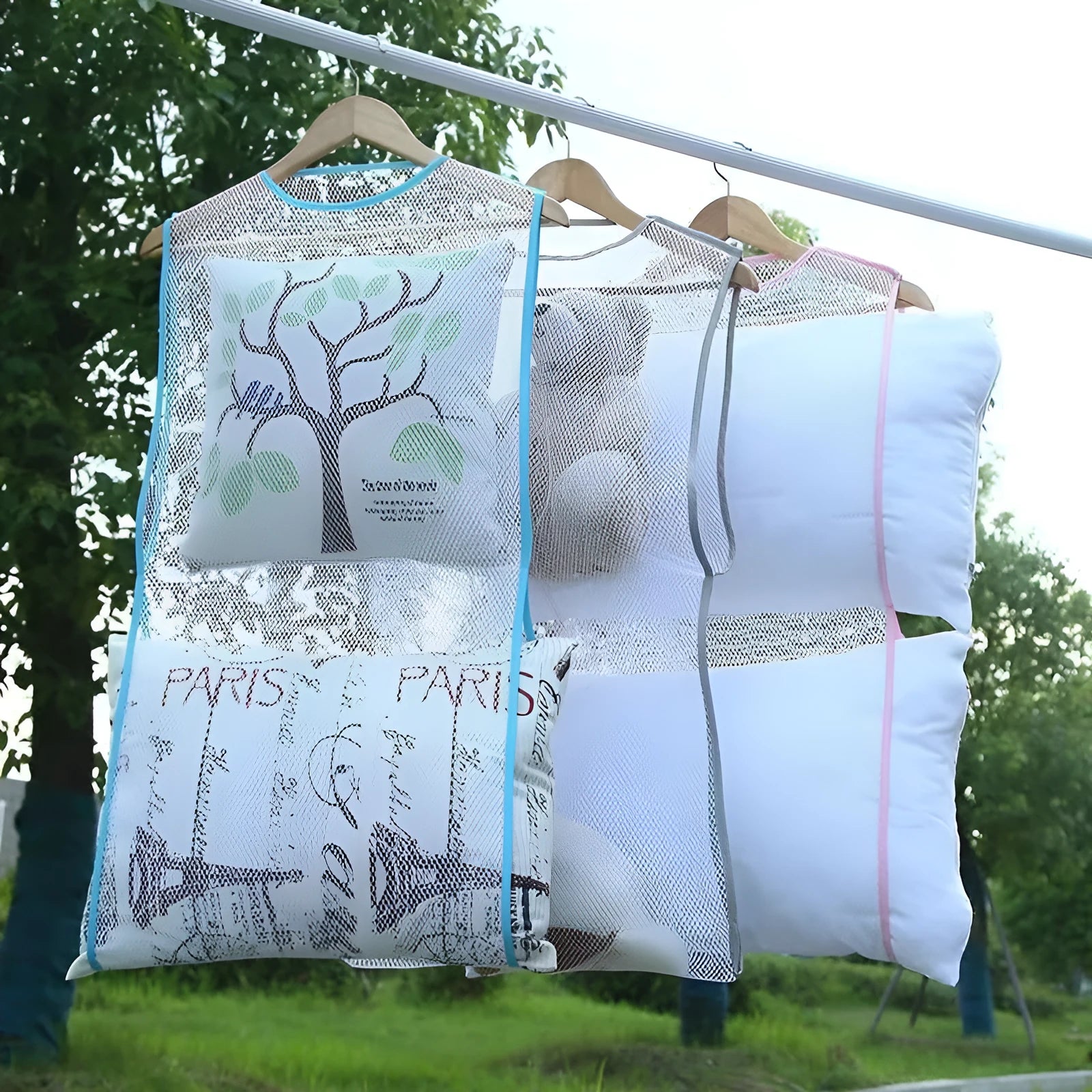 White single-layer net pocket pillow drying hanger 45x55cm on a washing line