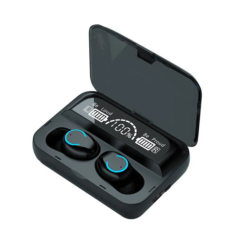 Mini sports in-ear Bluetooth headset with charging bay in black, touch controls, and magnetic nano-charging