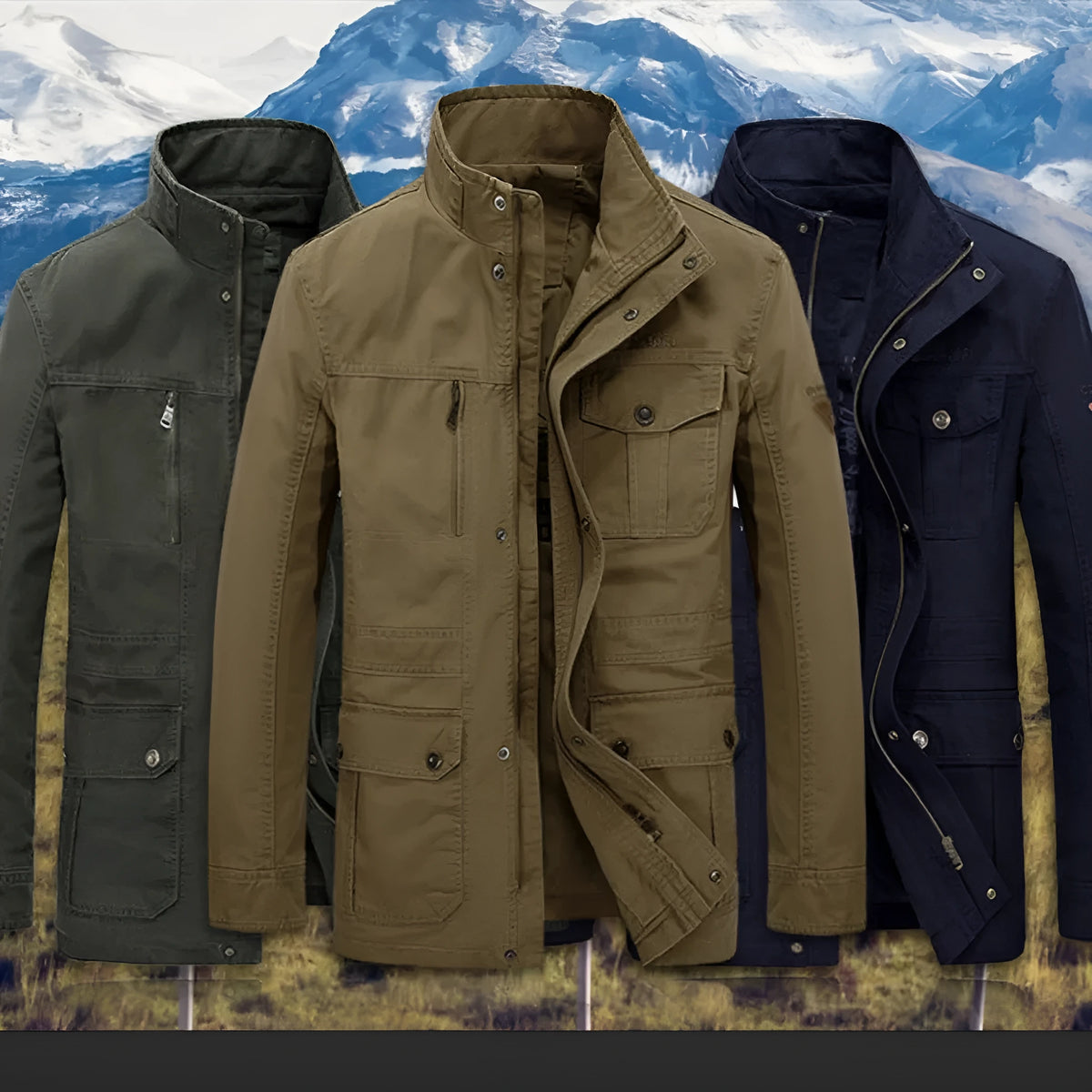 Men's cotton stand collar mid-length multi-pocket jacket in dark blue and khaki