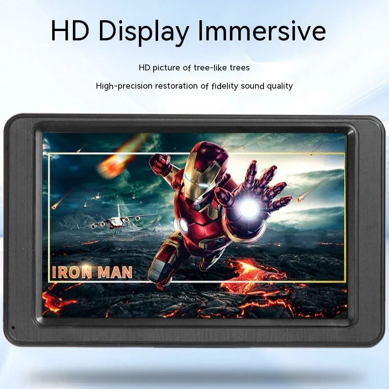 Black portable vehicle-mounted MP5 player with 7-inch LCD screen on a car dashboard bracket.