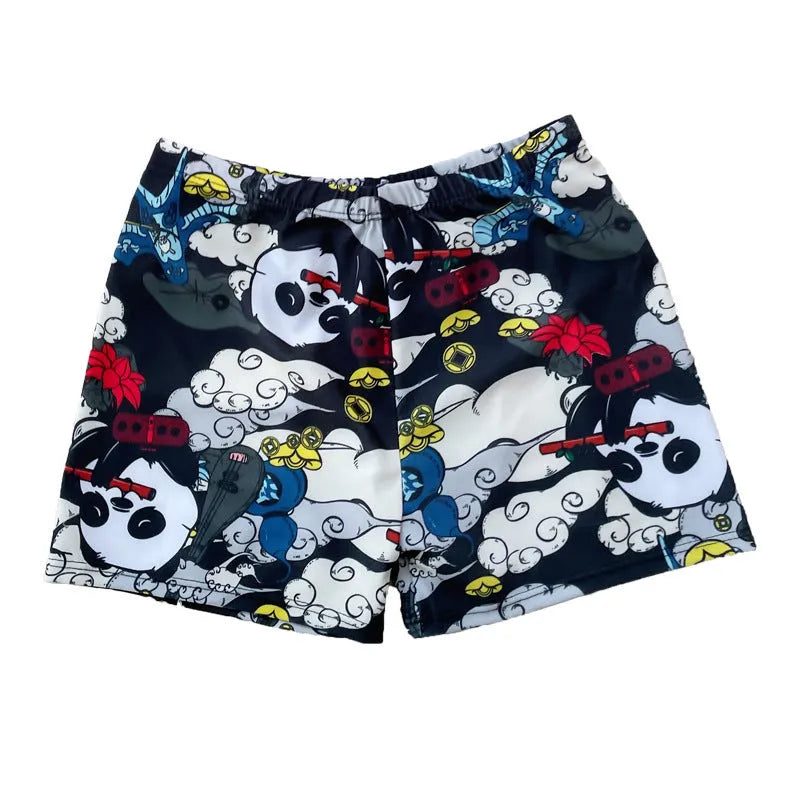 Men's loose fit anti-embarrassment swimming trunks in dark blue background large flower pattern, polyester fabric