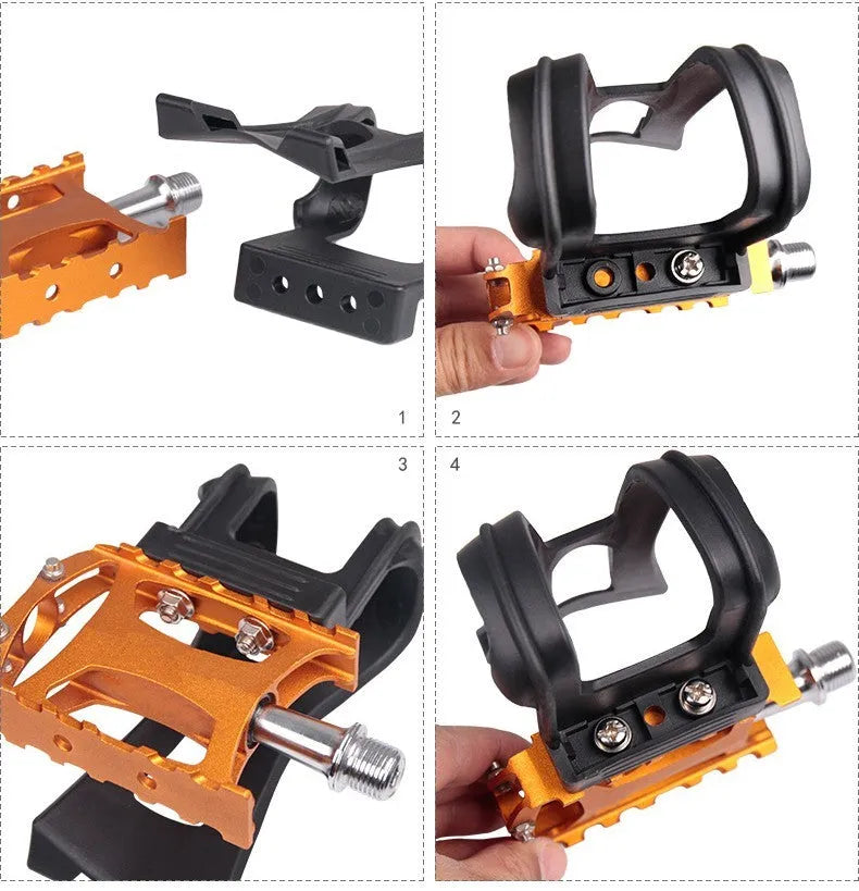Fitness spinning pedal foot holder rope kit with plastic sets, metal bolts, and flange nuts on black background