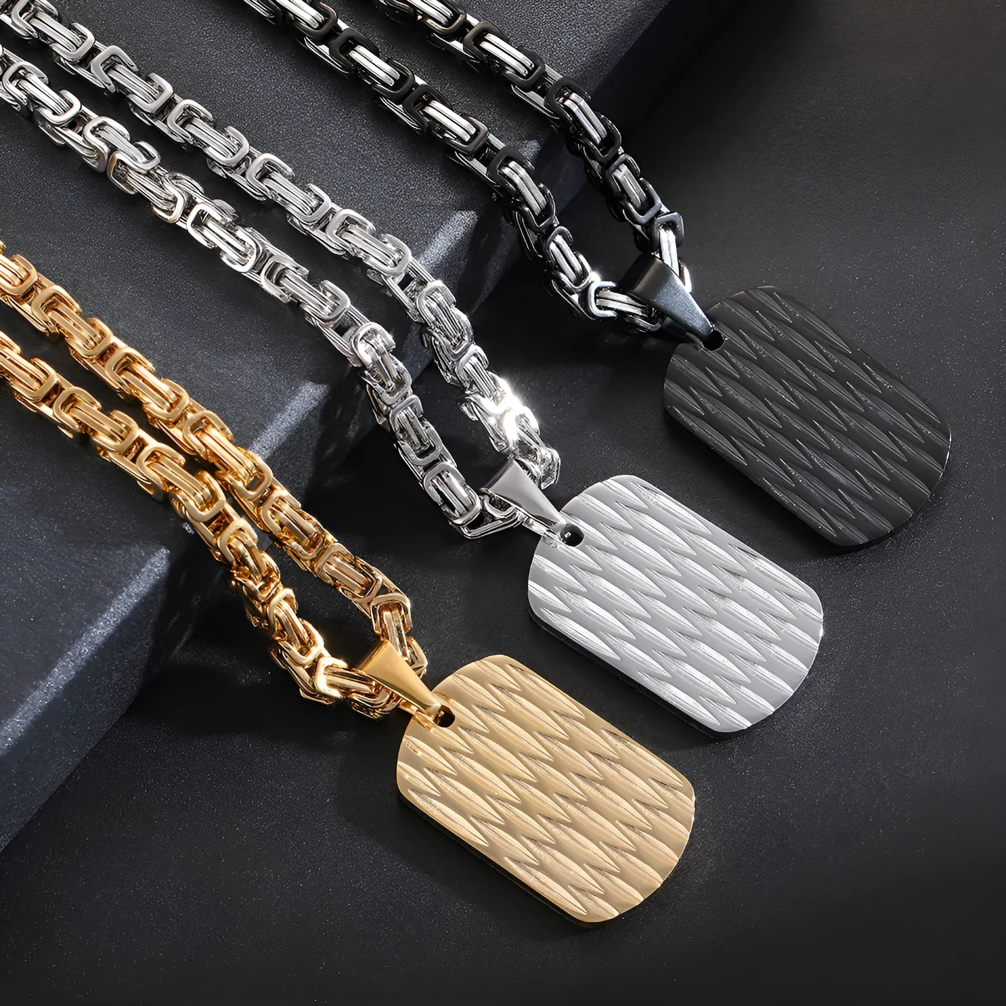 Men's titanium steel necklace with water ripple pendant on emperor chain in gold colour