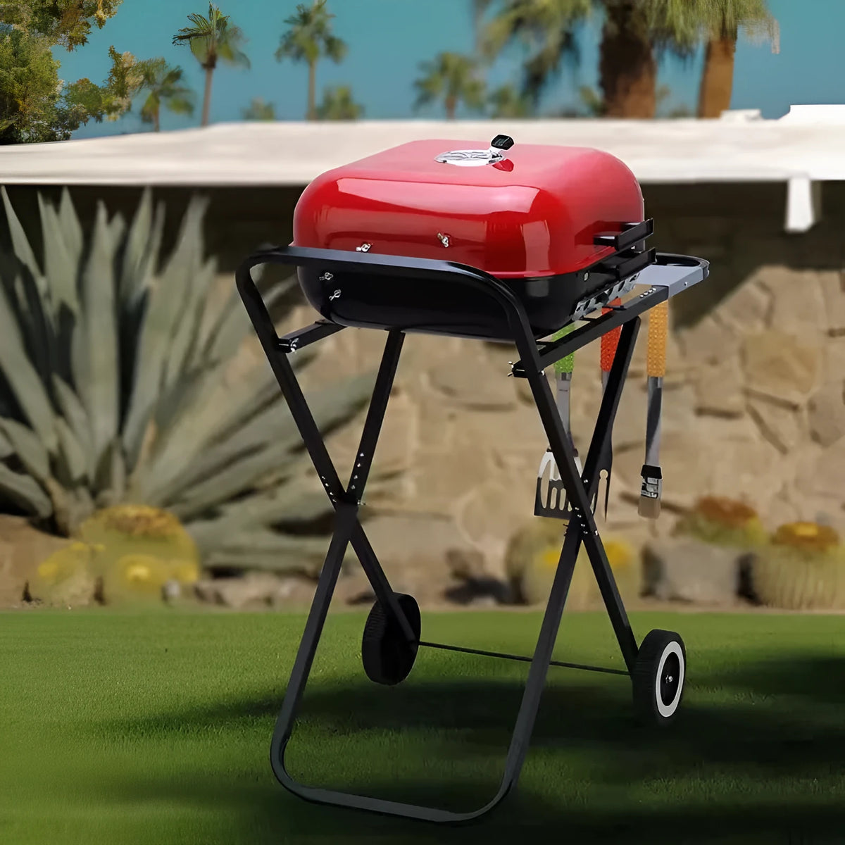 Outdoor courtyard barbecue grill with 42.5x50cm rack and 78x51x87cm folding hand push frame