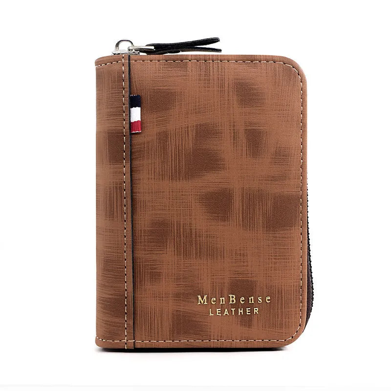 Men's retro short clutch wallet in polyurethane leather with synthetic leather lining, square vertical shape, six colour options