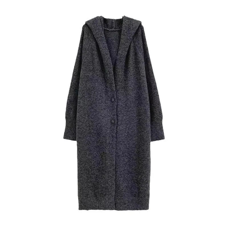 Women's long grey knitted cardigan with hood in a loose Korean-style fit