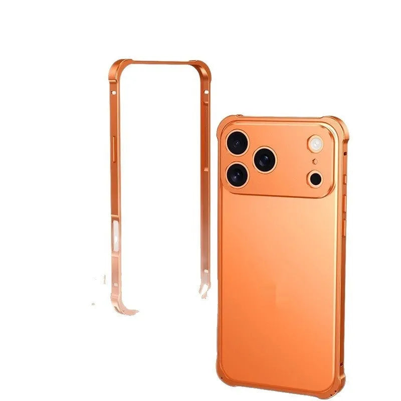 iPhone 17 mobile phone case with seahorse buckle and silver alloy metal frame on a black background.