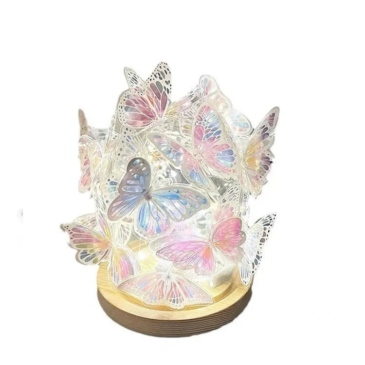 Butterfly night lamp with glass shade and natural wood base measuring 12x15cm