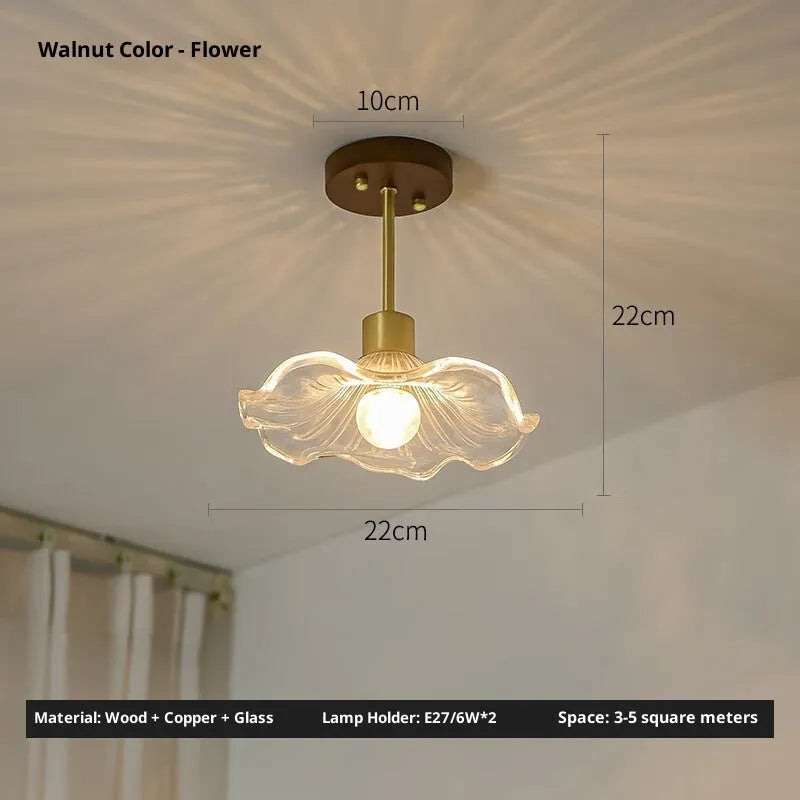 Japanese style walnut wood and brass ceiling lamp with tricolor light for entrance hallway