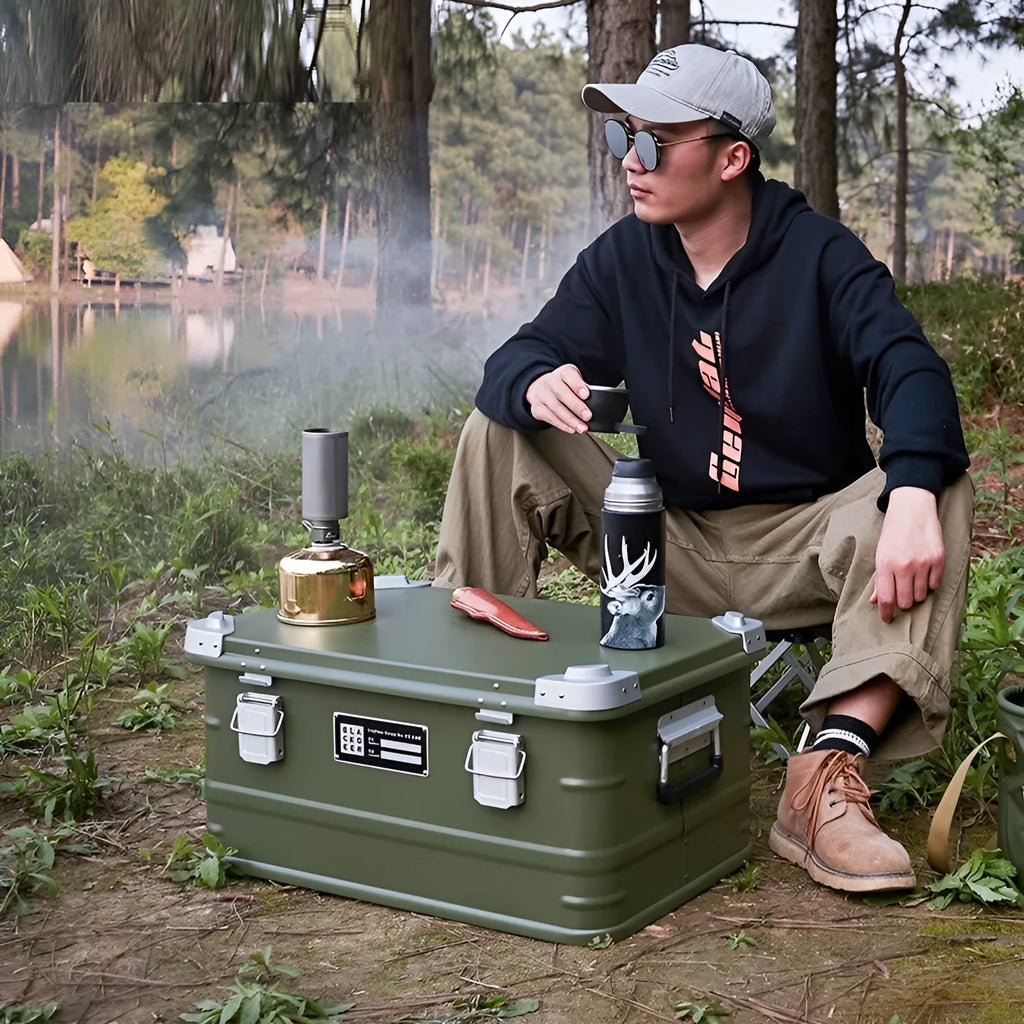 Aluminium alloy camping storage box with vehicle mounting in green colour