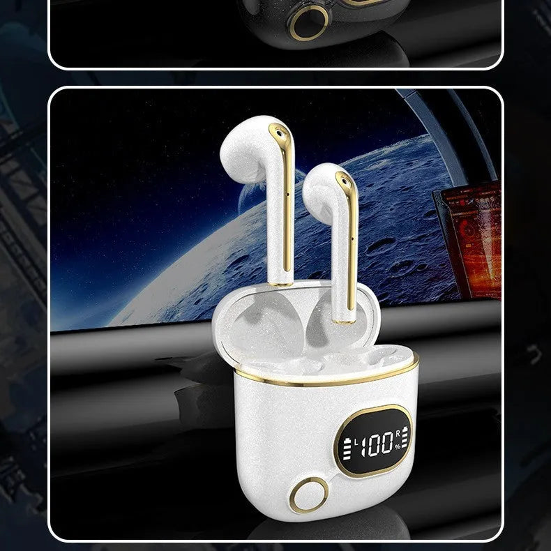 Wireless binaural earplug earbuds with touch digital display, black finish, Bluetooth 5.2