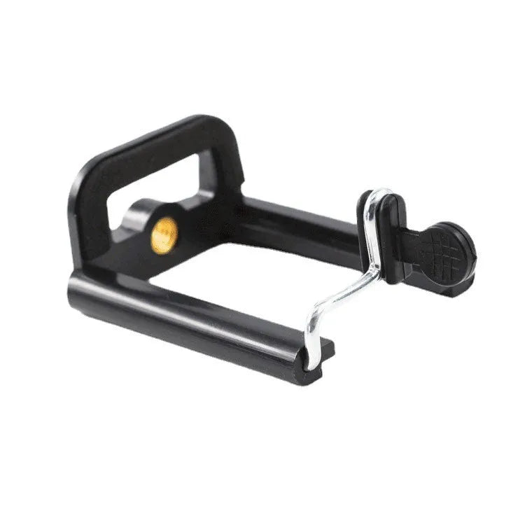 Black universal mobile phone clip holder with adjustable hose bracket on a white background.