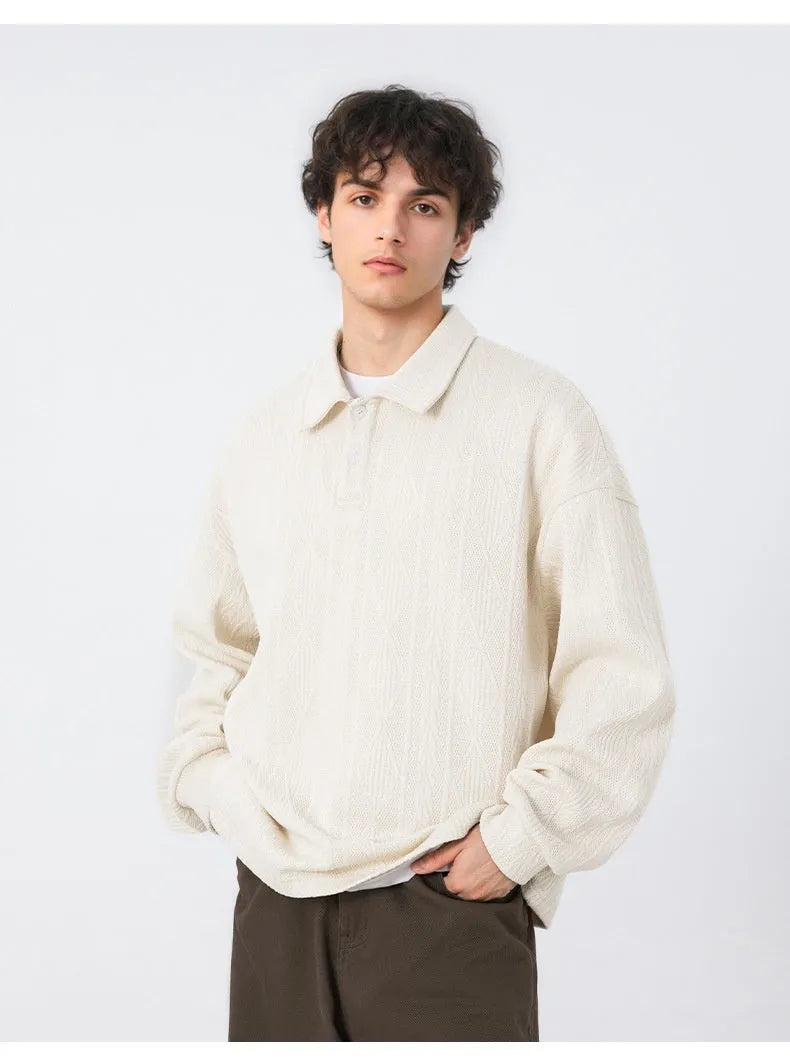 Men's texture jacquard lapel sweater loose fit autumn pullover black solid colour front view