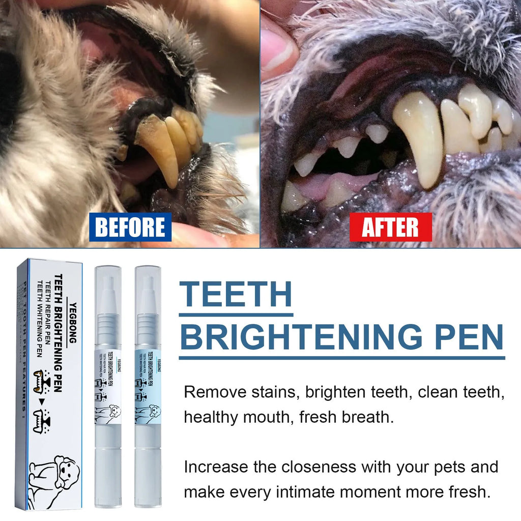 Pet teeth whitening pen and dental brush set for canine and feline tartar removal