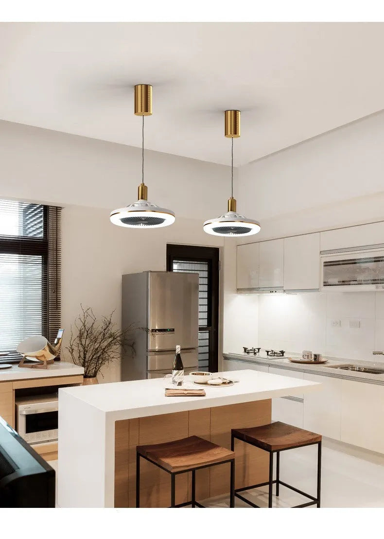 26cm ceiling fan light with six LED bulbs, black or gold iron chandelier, remote control included, for small bedrooms.