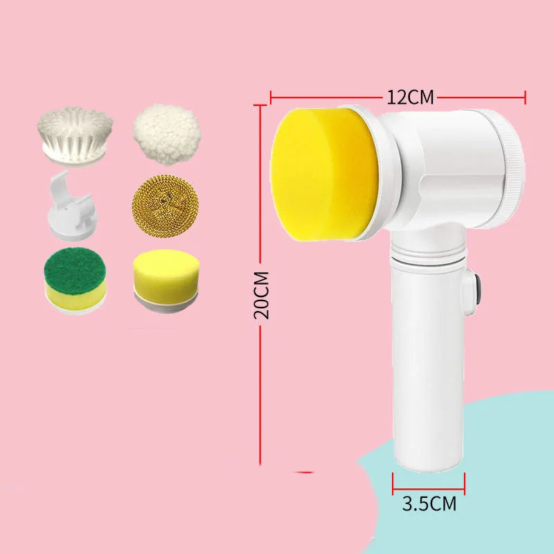 Rechargeable electric kitchen cleaning brush with multiple brush heads on a storage hook.