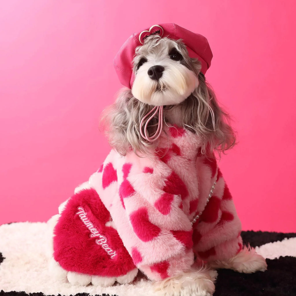 Plush polyester dog coat with backpack in red or coffee, sizes XS to XXL, general fit pet clothing