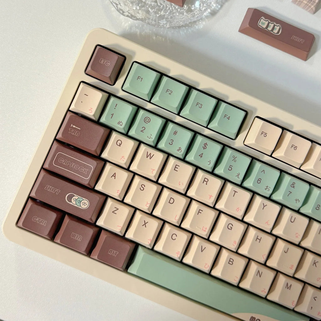 Matcha green ergonomic mechanical keyboard keycap set with five-sided sublimation printing.