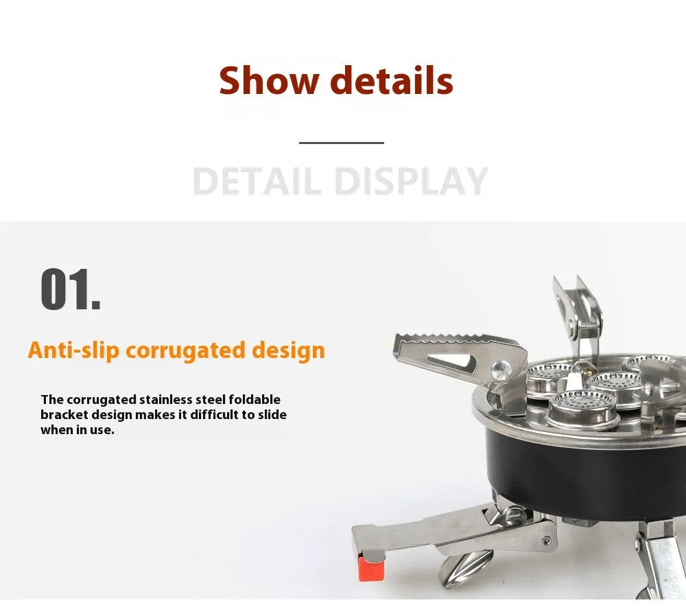 Silver portable split camping stove with extended copper hose on a 155x125mm stainless steel base.