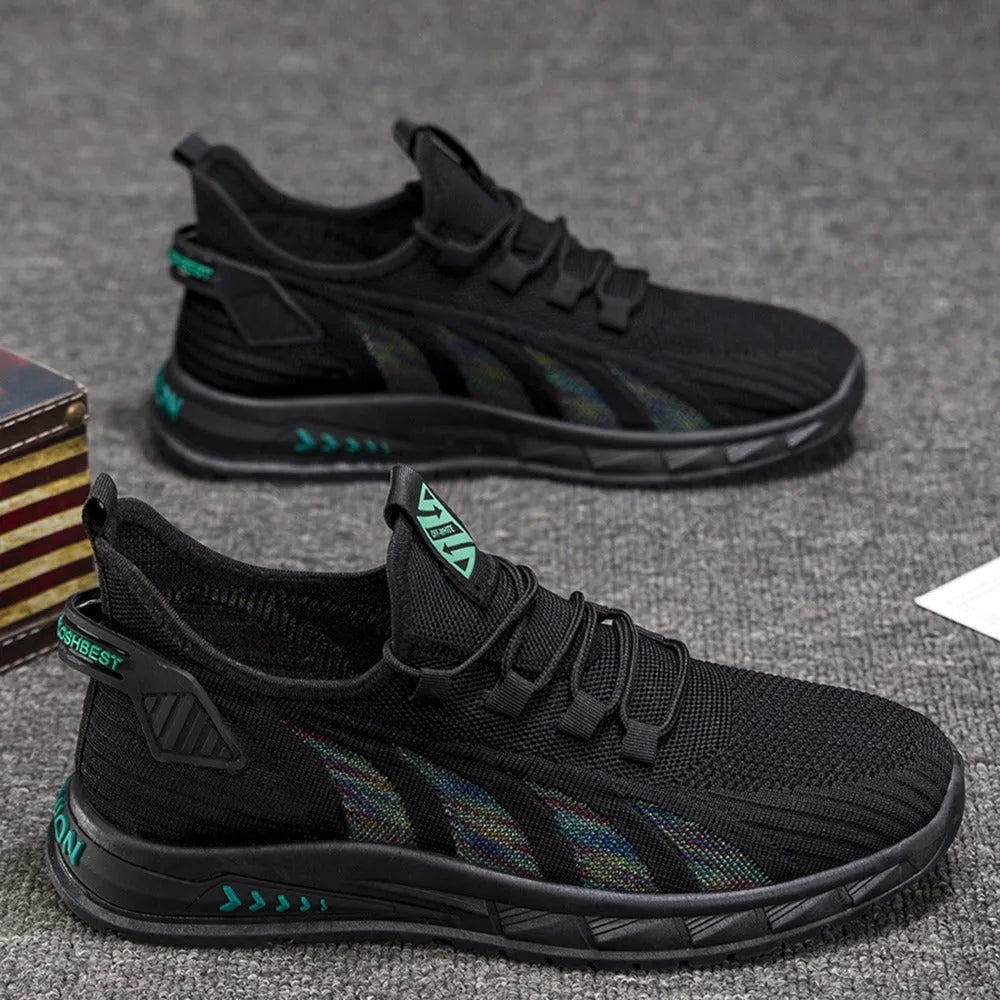 Low-top striped mesh sneaker with flat plastic sole in black colour