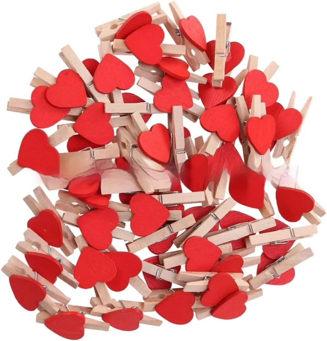 Five handmade wooden heart-shaped hair clips in red, pink, white, and yellow colours.
