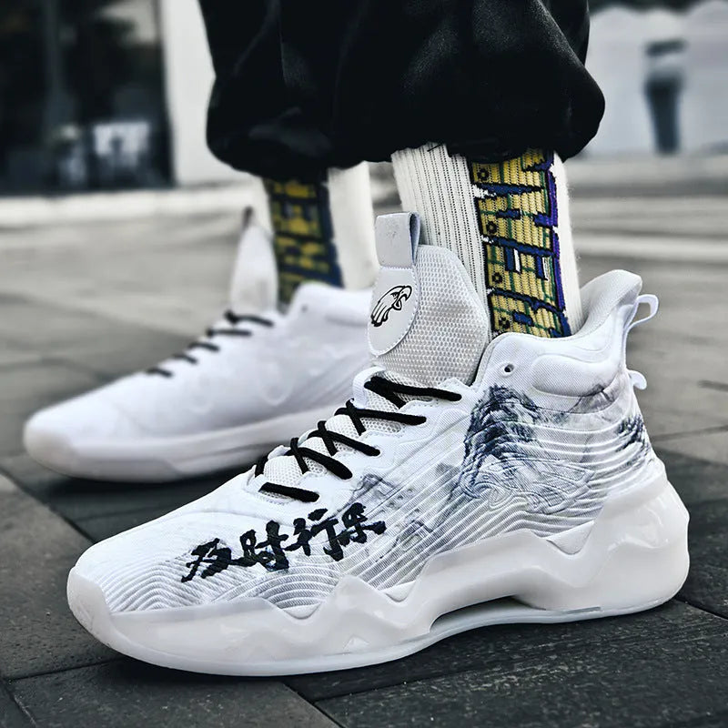 Luminous high-top basketball shoes with graffiti pattern, mesh upper, rubber outsole, front lace-up, sizes 36-45.