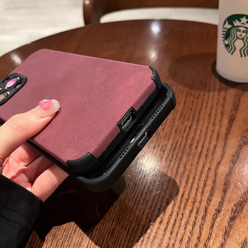 Simple solid colour fur phone case in black for iPhone, imitation leather texture with slim design