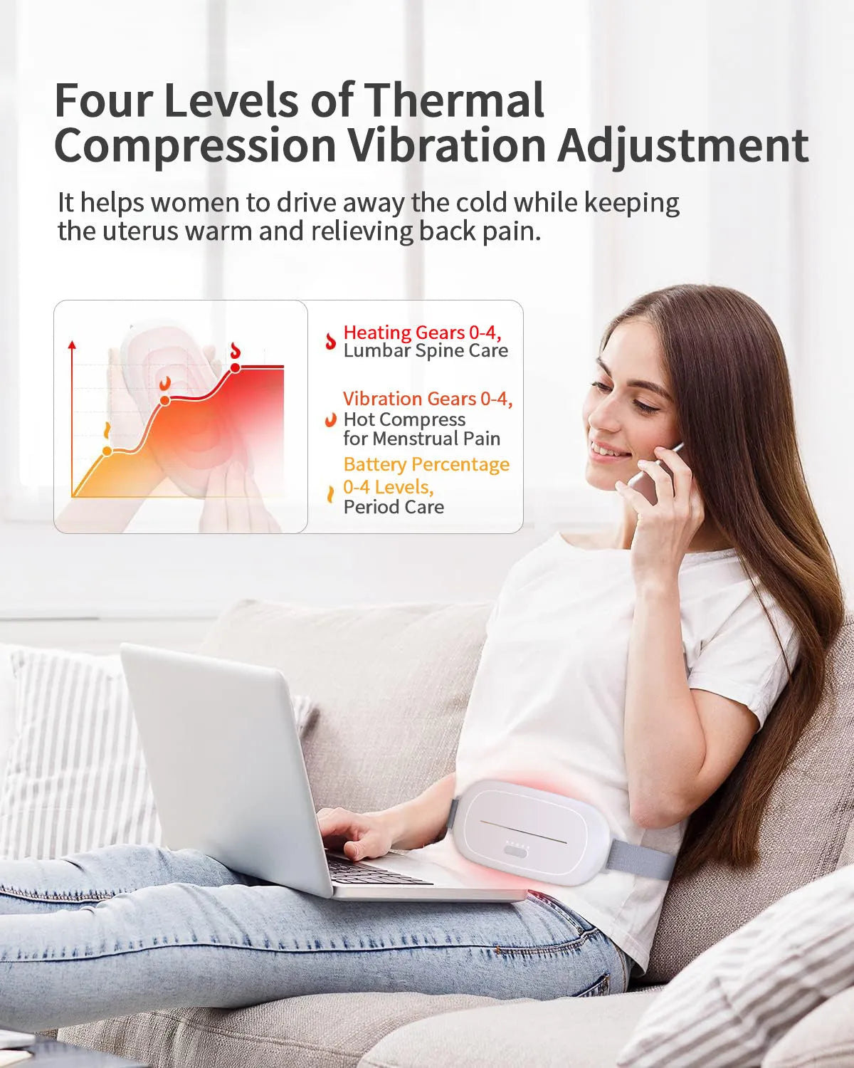 White rechargeable uterine warming device with remote control for postpartum and menstrual pain relief.