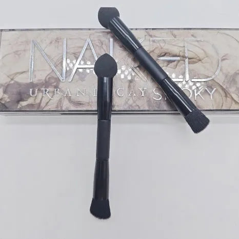 Double-headed miter sponge concealer makeup brush with black wooden handle